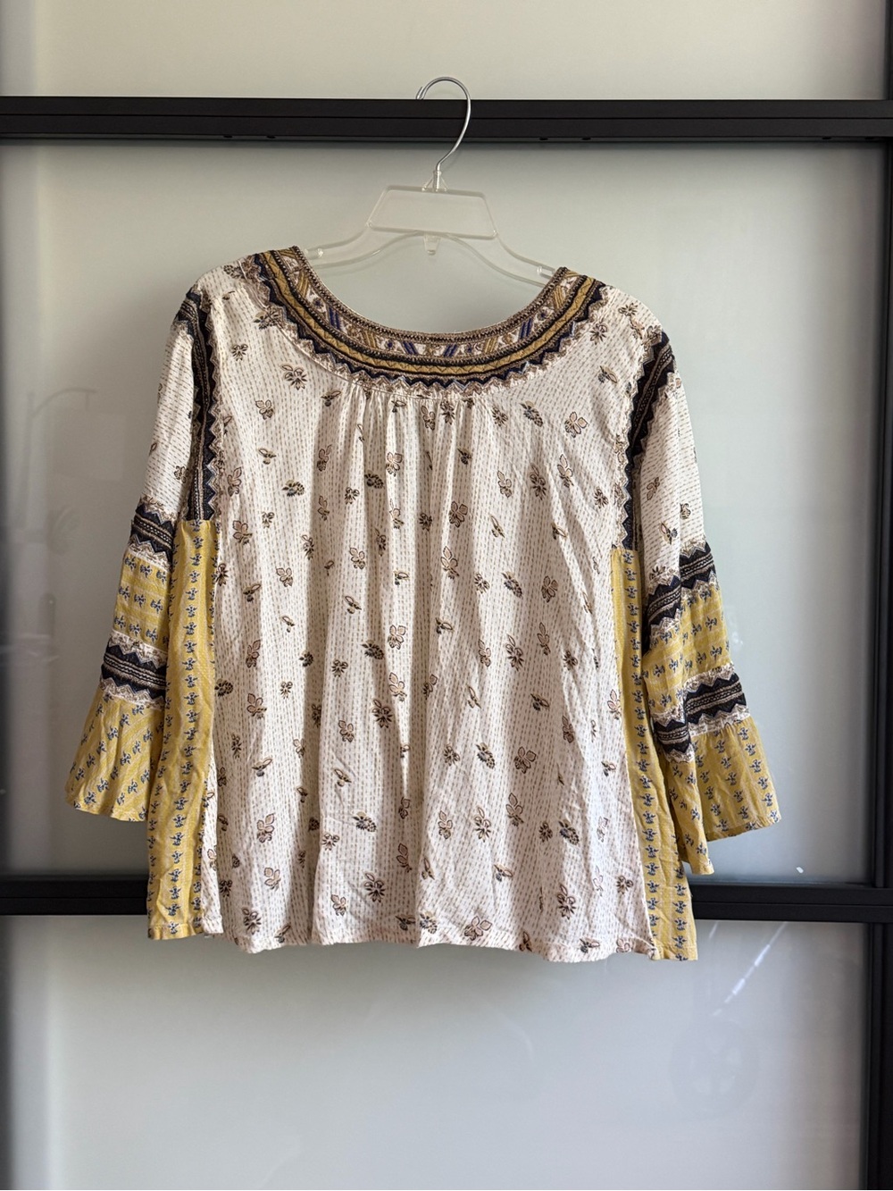 Free People Cream and Yellow Boho Tie-Front Peasant Tunic - Picture 2 of 5